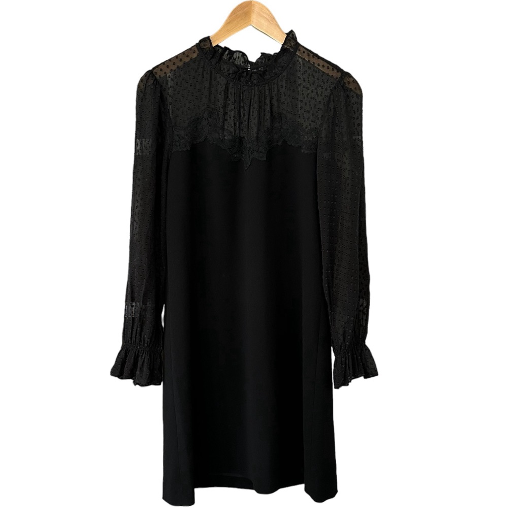Rebecca Taylor Dress Black Crepe Lace Long Sleeves Silk Blend Sz 10